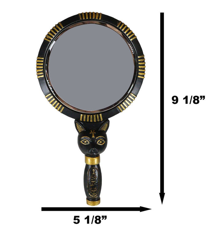 Ancient Egyptian Hieroglyphs Golden Goddess Bastet Cat Hand Mirror Figurine