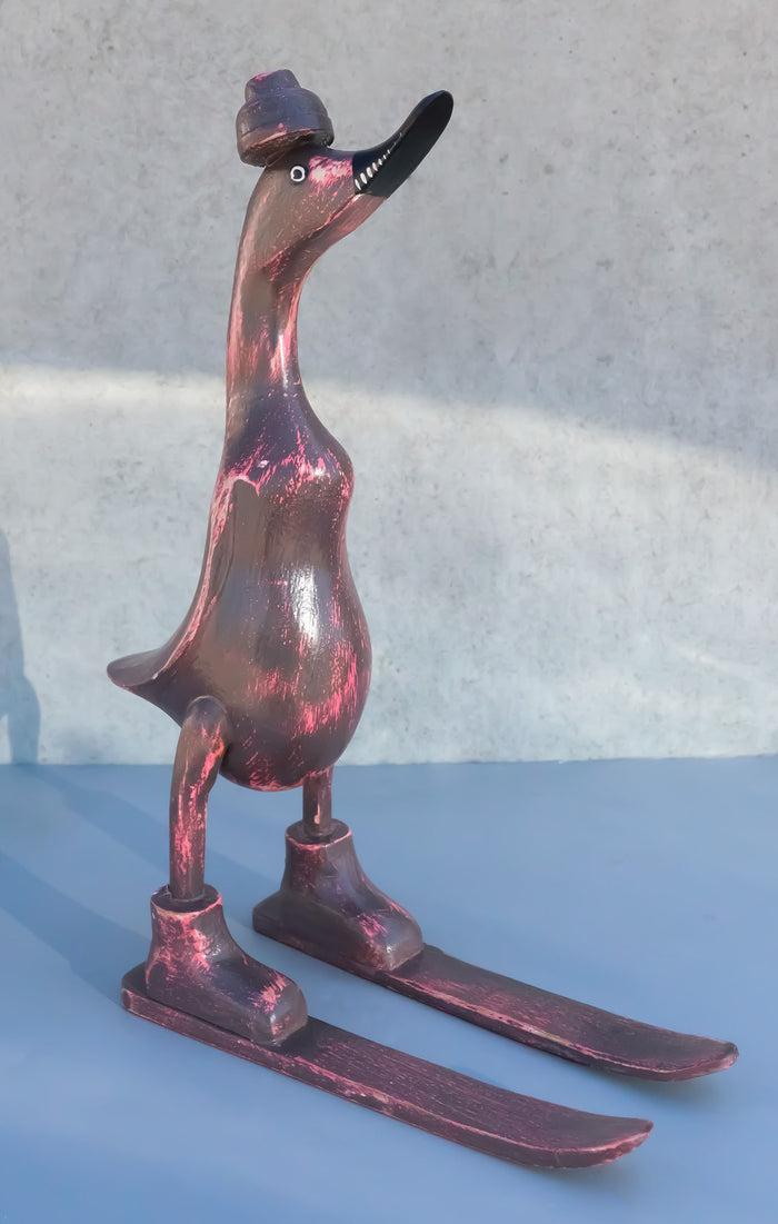 Balinese Wood Handicrafts "Bebek Angsa" Royal Maroon Red Skiing Duck Figurine