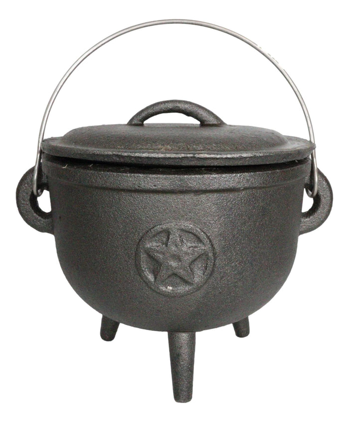 Cast Iron Occult Wicca Pentagram Star In Circle Cauldron With Handle And Lid