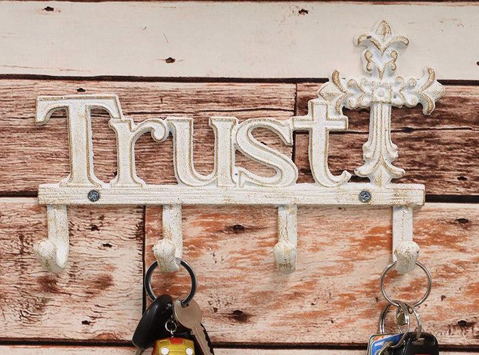 Cast Iron Rustic White Le Fleur Cross with Trust Letters Sign 4 Pegs Wall Hooks