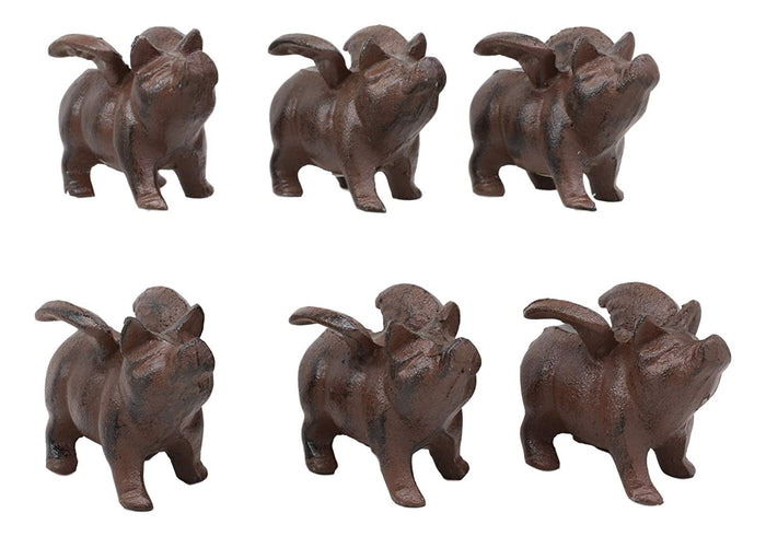 Cast Iron Small Whimsical Flying Pig Angel Hog Statue Paperweight Decor Set Of 6