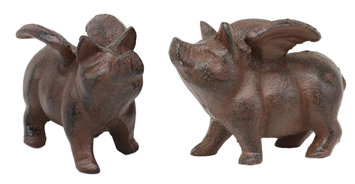 Cast Iron Small Whimsical Flying Pig Angel Hog Statue Paperweight Decor Set Of 2