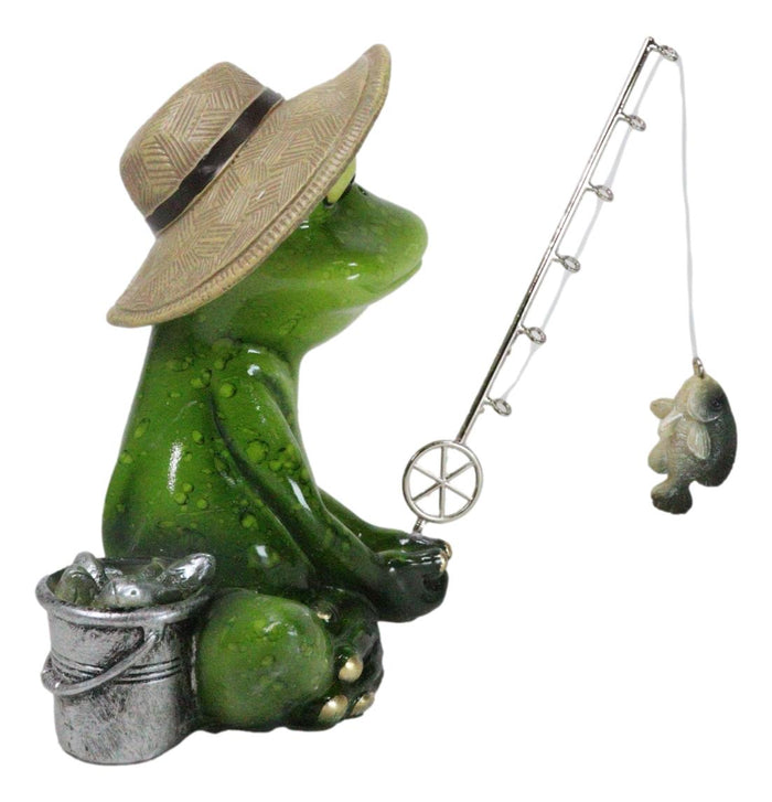 Catch Of The Day Green Frog Rod Fishing And Wearing Fisherman Hat Figurine