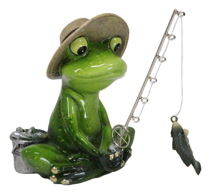Catch Of The Day Green Frog Rod Fishing And Wearing Fisherman Hat Figurine