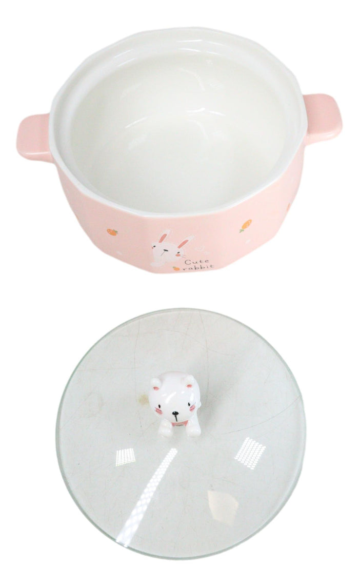 Ceramic Pink Rabbit With Carrots 30oz Noodle Dessert Food Bowl W/ Glass Lid