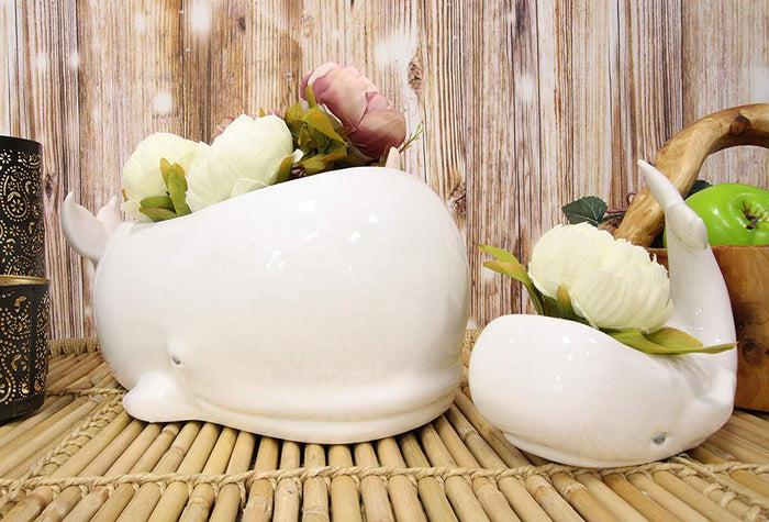Ceramic White Nautical Sea Marine Sperm Whale Planter Pot Figurines Set Of 2