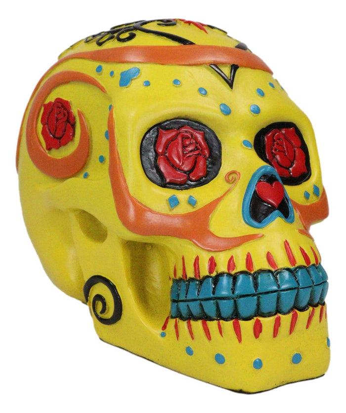 Colorful Fancy Yellow Day Of The Dead Sugar Skull Amore Floral Roses Figurine