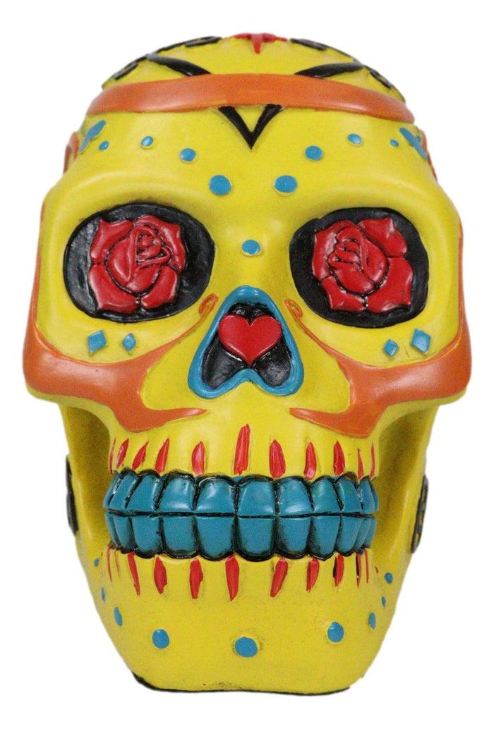 Colorful Fancy Yellow Day Of The Dead Sugar Skull Amore Floral Roses Figurine