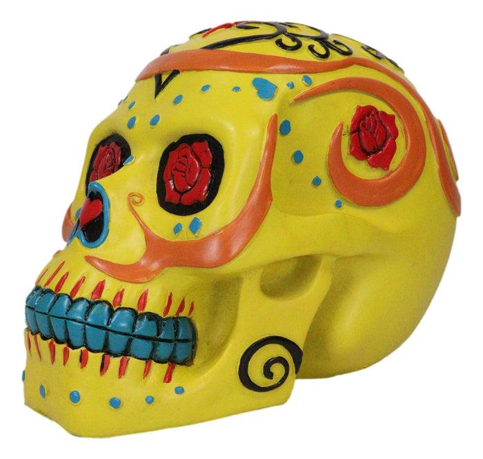 Colorful Fancy Yellow Day Of The Dead Sugar Skull Amore Floral Roses Figurine