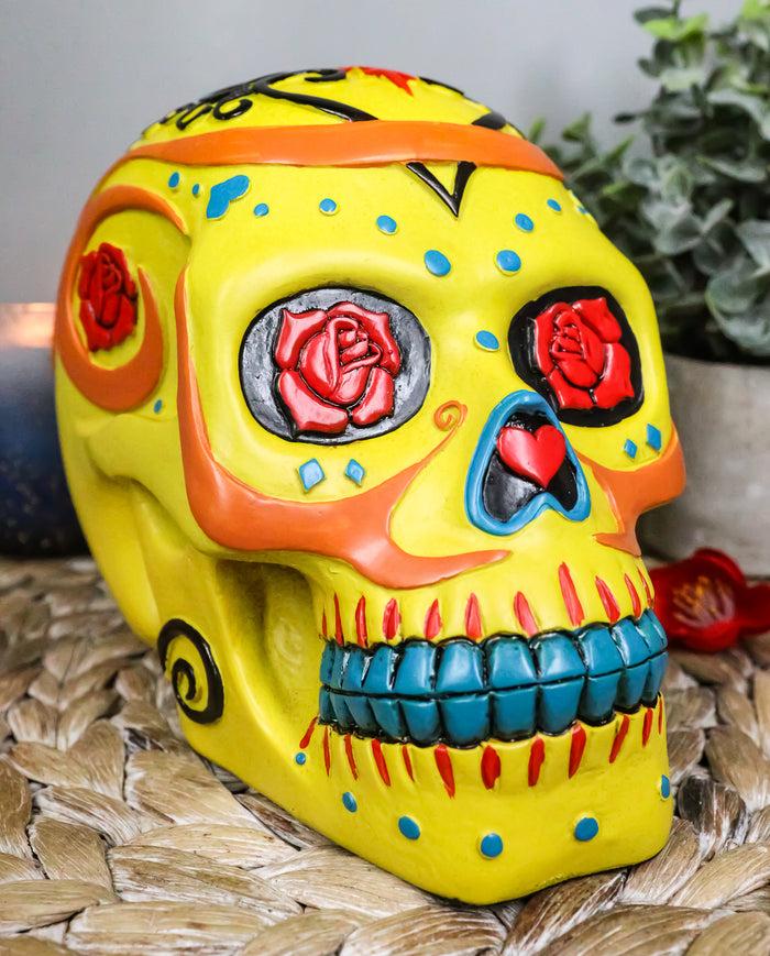 Colorful Fancy Yellow Day of The Dead Sugar Skull Amore Floral Roses Figurine