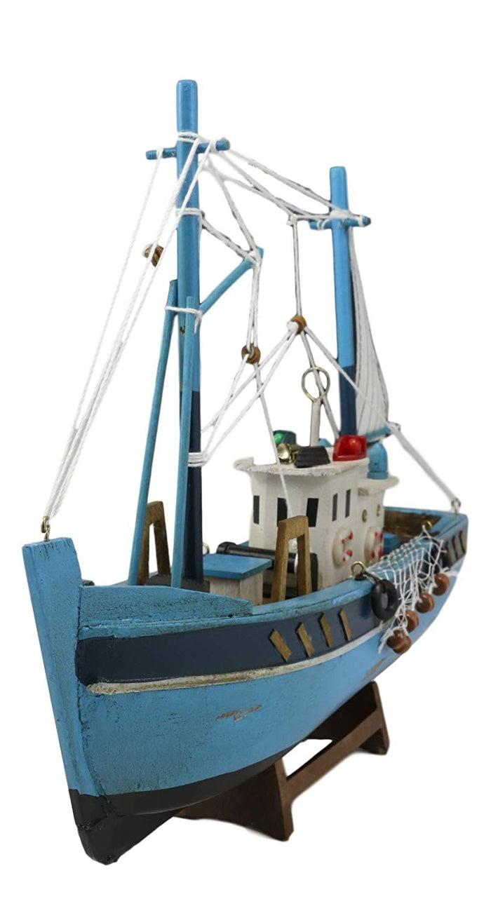 Ebros 12" L Blue Wooden Fishing Boat Model With Wood Base Stand Figure
