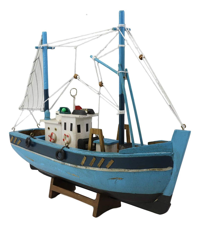 Ebros 12" L Blue Wooden Fishing Boat Model With Wood Base Stand Figure