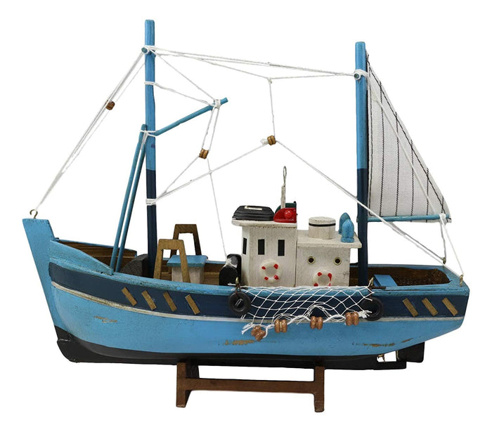 Ebros 12" L Blue Wooden Fishing Boat Model With Wood Base Stand Figure