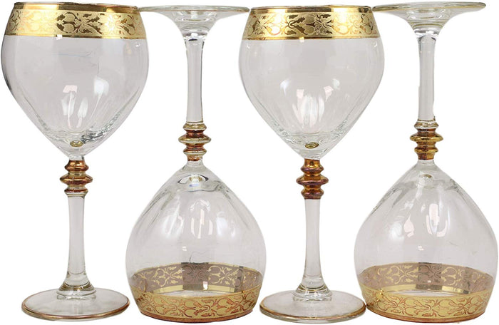 Ebros 16K Gold Accented Rim Floral Lace Vines Crystal Wine Glass Goblet Set Of 4