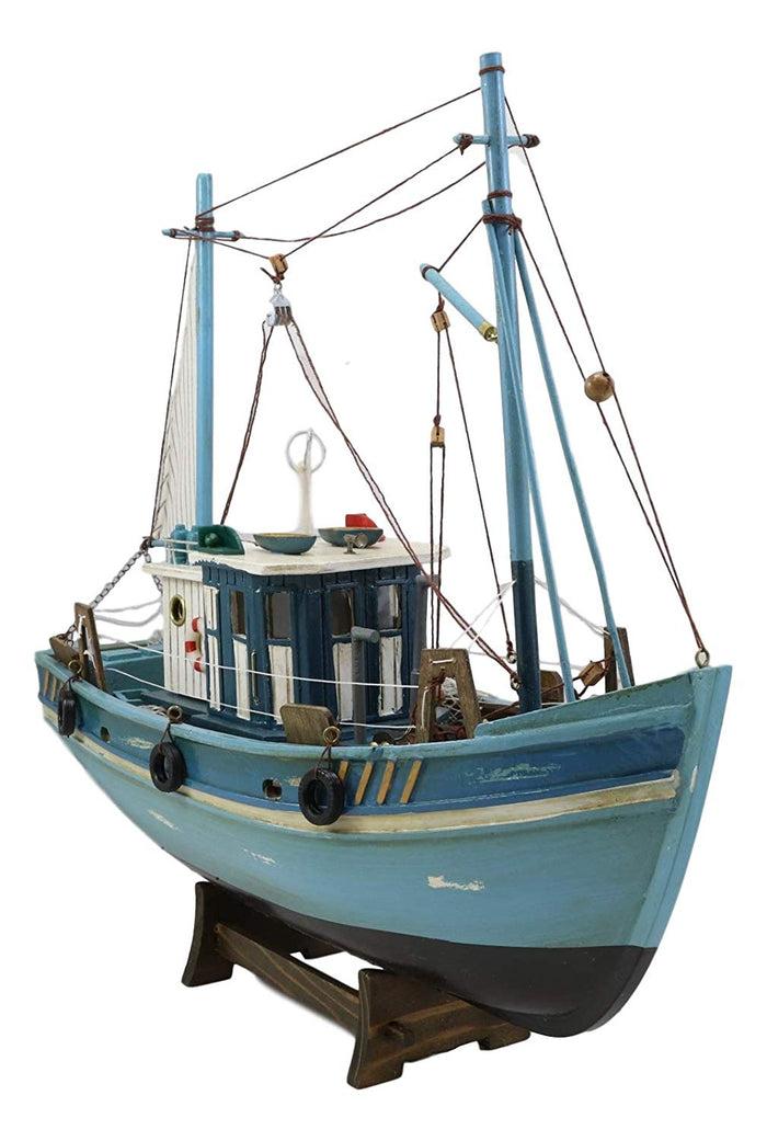 Ebros 17" Long Fishing Vessel Boat Model Statue With Wood Base Stand