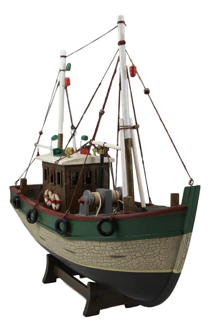 Ebros 18"L Wooden Handicraft Nautical Fishing Vessel Boat With Wood Base Figure