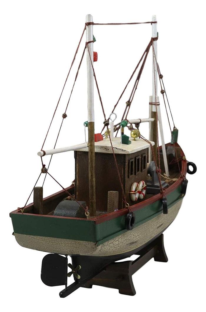 Ebros 18"L Wooden Handicraft Nautical Fishing Vessel Boat With Wood Base Figure