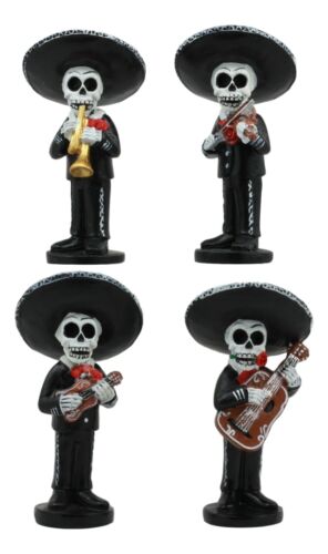 Ebros 4"Tall Fiesta Squad Day Of The Dead Skeleton Mariachi Band Statue Set Of 4 Violin Guitarron Guitar And Trumpet Player Dias De Muertos Figurine Decor Set Or As Wedding Cake Toppers
