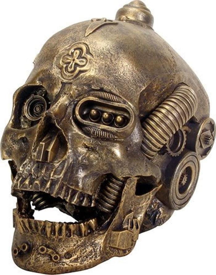 Ebros 6.5 Inch Gold Colored Open Mouthed Machine Skull Head Figurine Decor