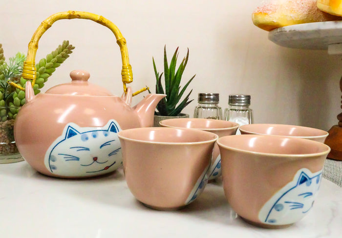 Ebros Auspicious Maneki Neko Lucky Fortune Cat Pink Ceramic Tea Set Teapot And 4 Cups