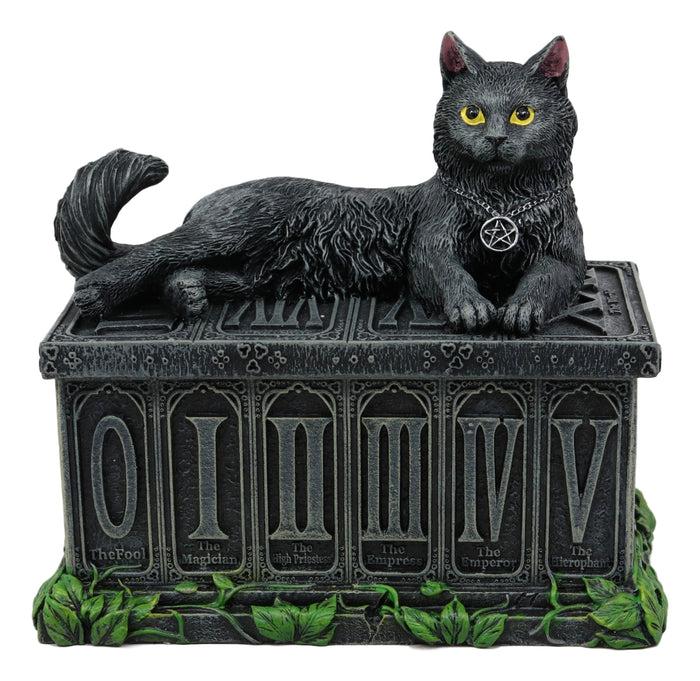 Ebros Black Cat With Pentacle Necklace Fortune's Watcher Tarot Card Deck Holder Jewelry Box Figurine With Major Arcana Numbers Home Decor Statue Of Mystical Feline Cats Wicca Witchcraft Talisman