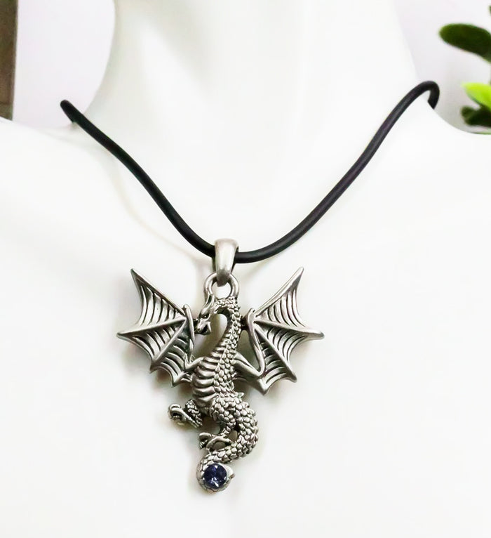 Ebros Blue Saphire Gem Tailed Tatsu Dragon Pendant Jewelry Necklace Lead Free