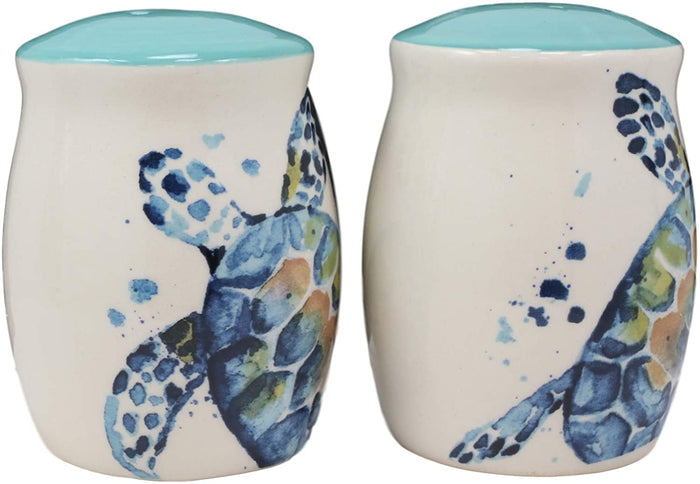 Ebros Blue & White Sea Turtle Ceramic Dinnerware (Salt & Pepper Shakers Set 1)