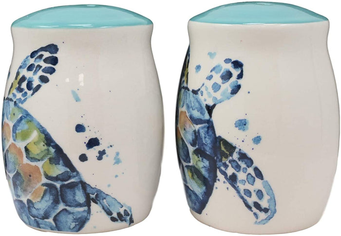 Ebros Blue & White Sea Turtle Ceramic Dinnerware (Salt & Pepper Shakers Set 1)