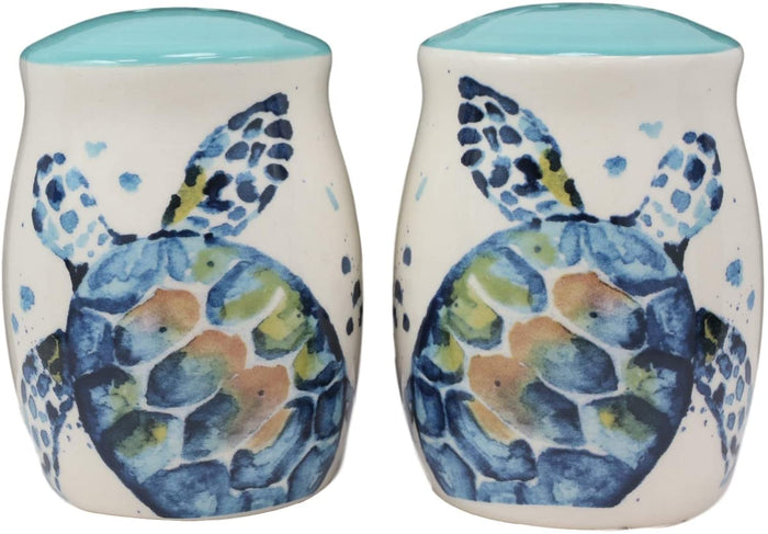 Ebros Blue & White Sea Turtle Ceramic Dinnerware (Salt & Pepper Shakers Set 1)