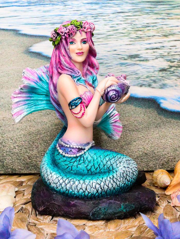 Ebros Brigid Ashwood Mermaid Ocean Spring Flowers Holding Conch Statue 6.25" H