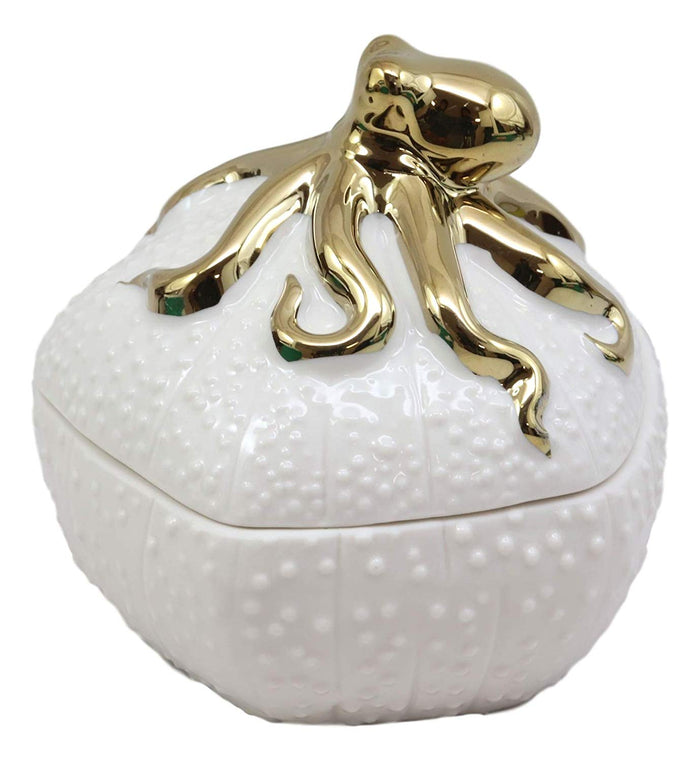 Ebros Ceramic Gold Giant Octopus Round Jewelry Box As Coastal Beach Ocean Nautical Reef Decorative Storage Knick Knack Trinket Box Idea For Mother's Day Women Girls