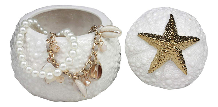 Ebros Ceramic Gold Starfish Sea Star Round Jewelry Box As Coastal Beach Ocean Nautical Decorative Storage Knick Knack Trinket Box Idea For Mother's Day Women Girls (Gold Starfish)