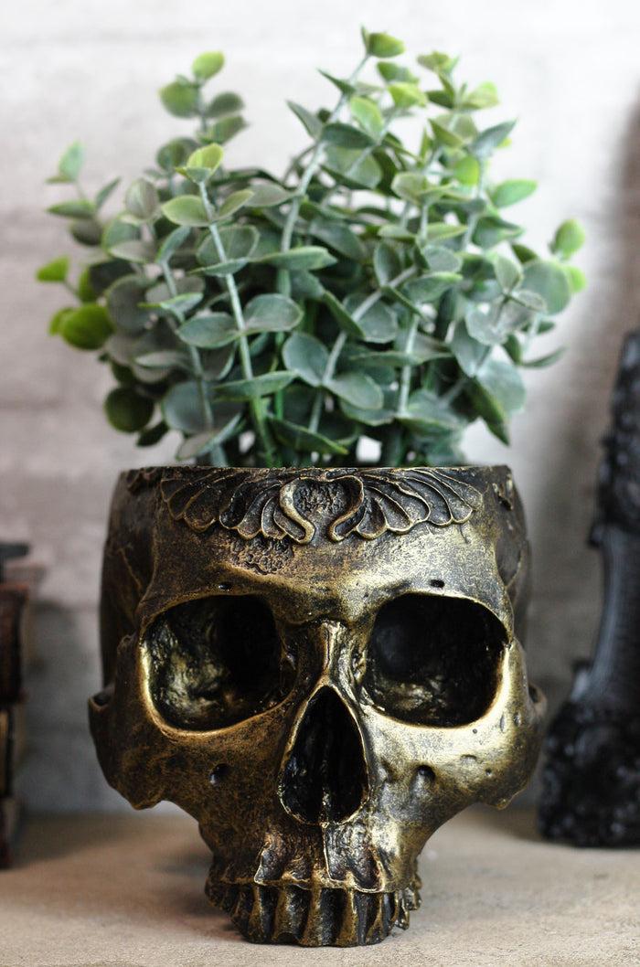 Ebros Day Of The Dead Barocco Floral Scroll Half Skull Planter Decor Bowl Figurine