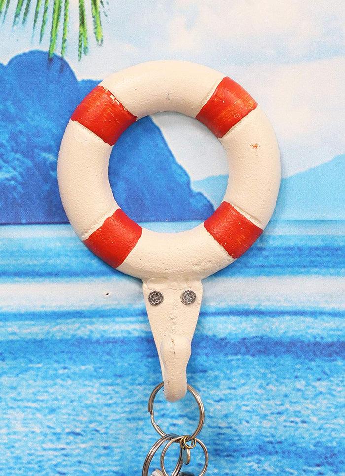 Ebros Gift 6.5"Tall Cast Iron Nautical Coastal Sailor Lifeguard Life Ring Buoy White With Red Stripes Wall Hook (4)