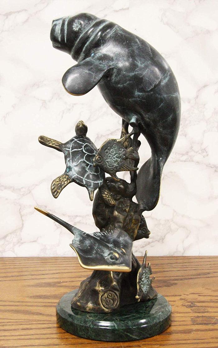 Ebros Gift Brass Metal Nautical Manatee Sea Cow with Turtle Stingray and Fishes Statue