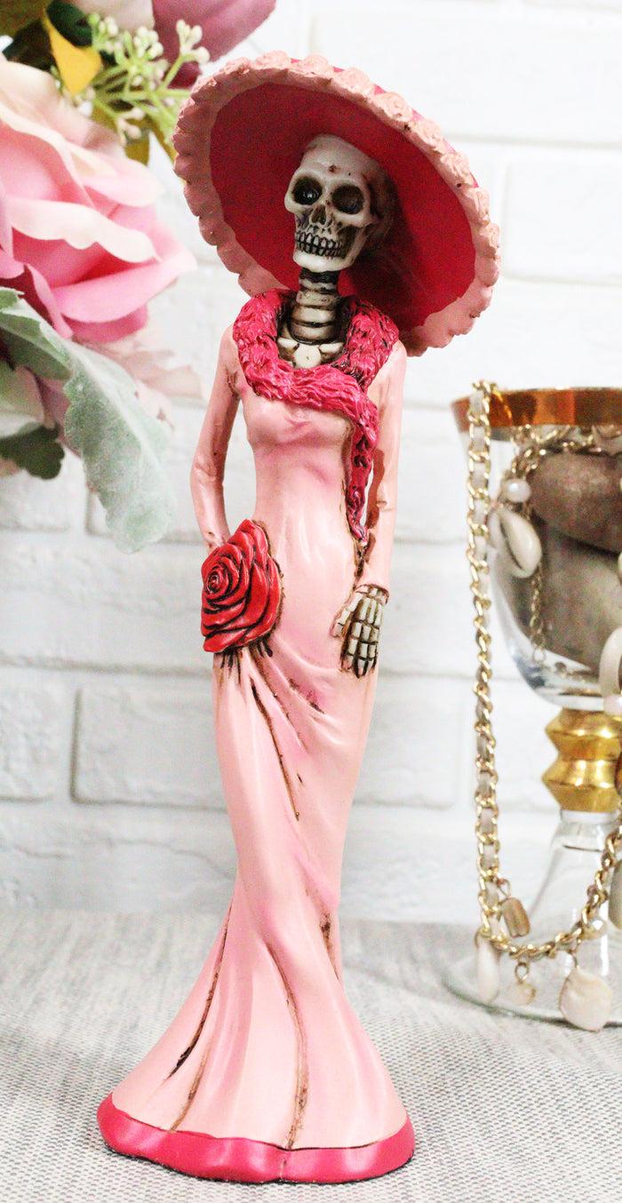 Ebros Gift Day Of The Dead DOD Skeleton Lady Rosa With Pink And Red Cocktail Gown Figurine 8.25" Tall Sugar Rose Flower Fashion Diva Statue
