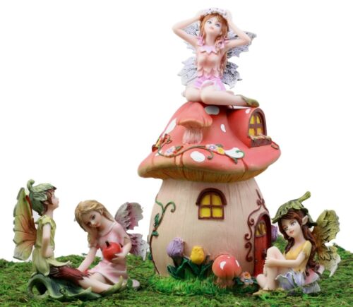 Ebros Gift Enchanted Fairy Garden Miniatures Starter Kit Fairy Cottage Landmarks With Four Mini Fairies Figurine Set Do It Yourself Ideas For Your Home (Pink Mushroom Cottage Kit)