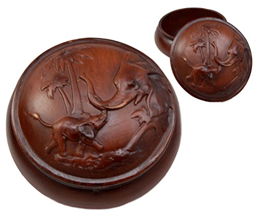Ebros Gift Faux Wood Resin Safari Elephant with Calf Rounded Jewelry Trinket Decorative Box Figurine 4" D As Safari Elephants Decor Accessory Storage Sculptural Wildlife Art