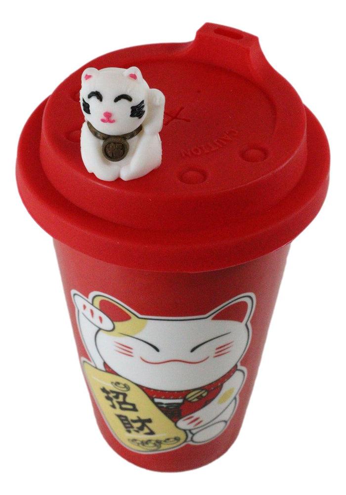 Ebros Gift Lucky Cat Maneki Neko Ceramic Tall Drink Mug Cup With Silicone Lid (Red)