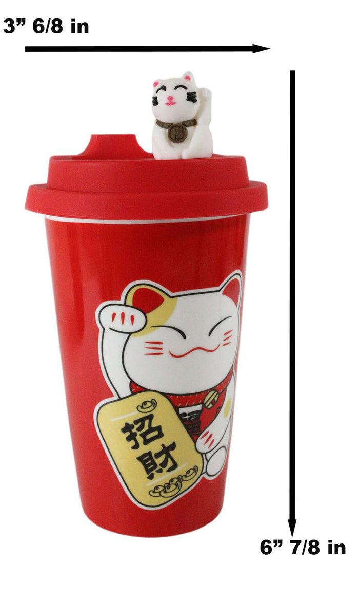 Ebros Gift Lucky Cat Maneki Neko Ceramic Tall Drink Mug Cup With Silicone Lid (Red)