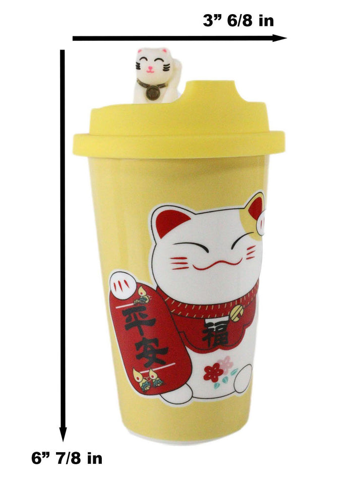 Ebros Gift Lucky Cat Maneki Neko Ceramic Tall Drink Mug Cup With Silicone Lid (Yellow)