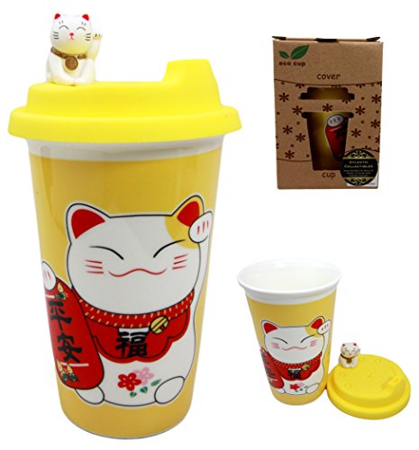 Ebros Gift Lucky Cat Maneki Neko Ceramic Tall Drink Mug Cup With Silicone Lid (Yellow)