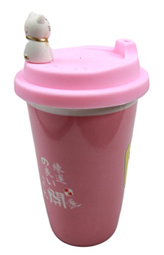 Ebros Gift Lucky Cat Maneki Neko Ceramic Tall Drink Mug Cup With Silicone Lid (Pink)