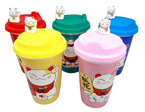 Ebros Gift Multi Colored Lucky Cat Maneki Neko Ceramic Tall Drink Mug Cup With Silicone Lid Set Of 5