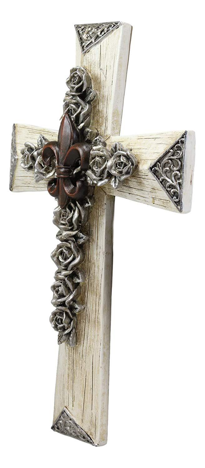 Ebros Gift Rustic Southwest Fleur De Lis With Silver Roses Of Sharon And Scroll Art Wall Cross Decor Plaque Vintage Design Hanging Sculpture 13.5" High Decorative Crosses