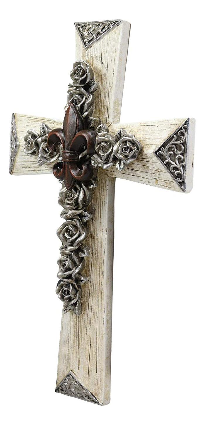 Ebros Gift Rustic Southwest Fleur De Lis With Silver Roses Of Sharon And Scroll Art Wall Cross Decor Plaque Vintage Design Hanging Sculpture 13.5" High Decorative Crosses