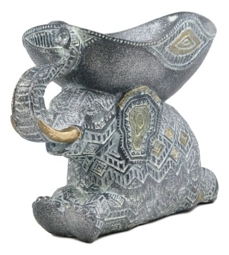Ebros Grey Mosaic Design Elephant Laying Down With Trunk Up Holding Bowl Decor
