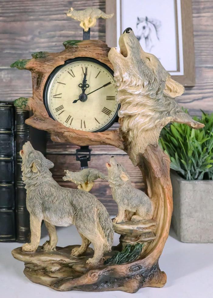 Ebros Howling Gray Wolves Family Table Clock With Pendulum 10.5" Height Decor