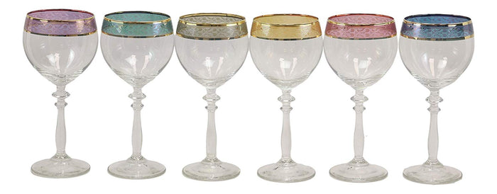 Ebros Italian Colorful Victorian Floral Rim Wine Glasses Set Of 6 With Gold Accents