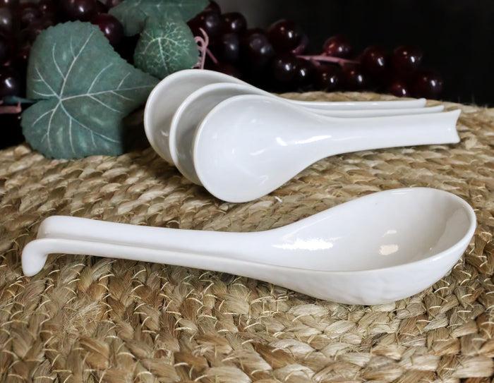 Ebros Japanese Modern Porcelain Soup Spoons With Ladle Hook Pack Of 6 (White)